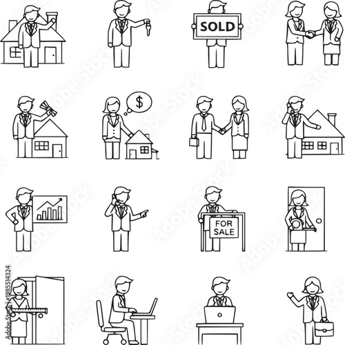hand-drawn real estate agent process illustration set with sold and for sale signs