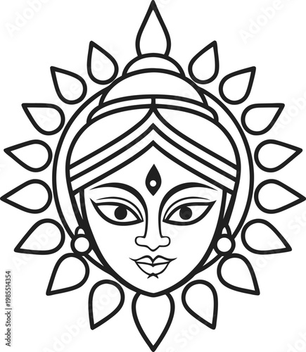 Divine face illustration featuring an ornate halo, representing an Indian goddess or spiritual deity