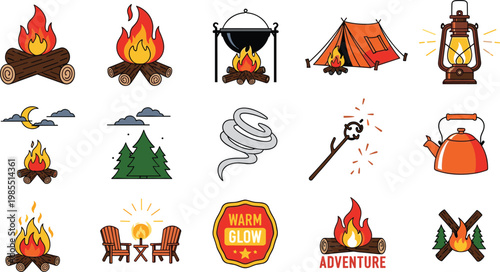 Camping and Adventure Vector Set with Fire, Tent, Lantern, and Outdoor Icons