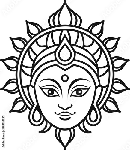 Divine spiritual deity face illustration with a sacred radiating halo representing enlightenment and peace