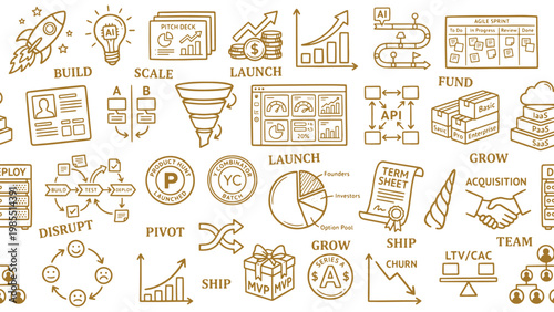 Tech startup lifecycle and venture growth doodle pattern for pitch decks, entrepreneur strategy, fundraising, and product launch planning