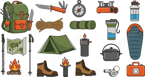 Camping and Hiking Gear Vector Set Featuring Backpack Tent Sleeping Bag Boots Compass and Outdoor Tools