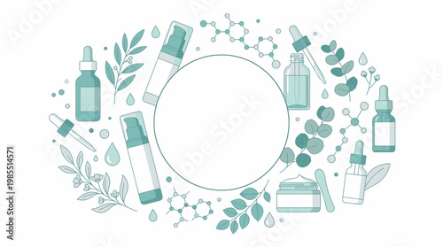 Skincare Cleanical Beauty Products Frame with Botanical Elements and Molecular Structures for Natural Wellness
