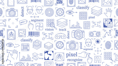 Computer vision and AI image recognition doodle pattern for machine learning, object detection, and visual technology education design