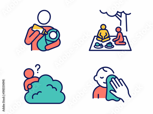 A person practices mindfulness and meditation in a peaceful outdoor setting with others