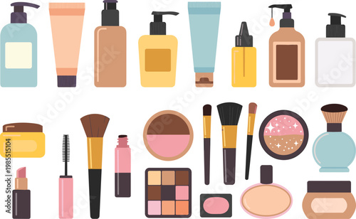 Cosmetic products collection with skincare bottles, makeup tools and beauty essentials, fashion vector illustration set