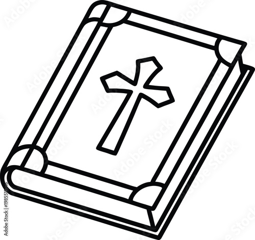 Holy scripture book with a prominent Christian cross symbol on its cover outline illustration