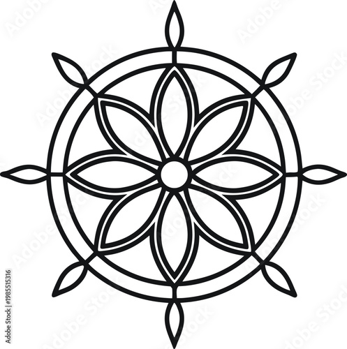 Intricate Mandala Wheel Symbol with Floral Lotus Petal Design for Spiritual Harmony Graphics
