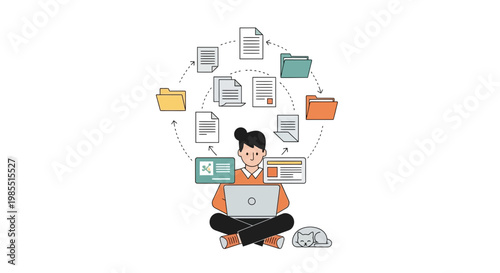 Freelance worker, laptop, file icons, workflow concept, productivity tools, business illustration
