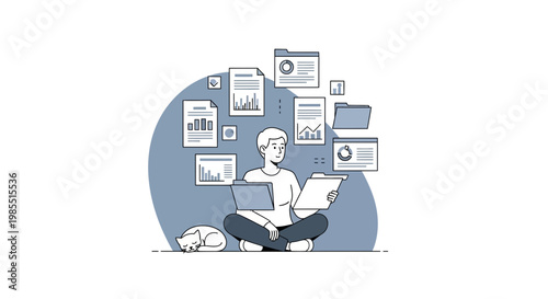 Businessman working remotely, laptop and documents, data analysis, infographics vector