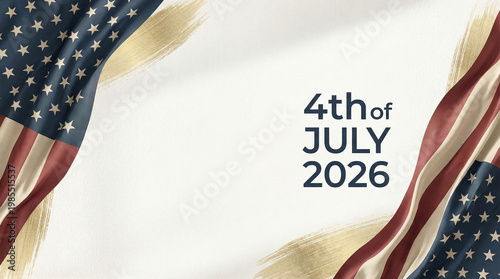 4th of July 2026 elegant banner with American flag and gold brush accents, clean patriotic background with large copy space for advertising 
