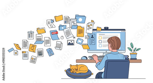 Freelance worker, remote office, productivity concept, vector illustration, modern workspace