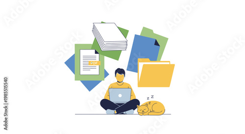 Remote worker, freelancer, laptop, documents, colorful icons, business productivity