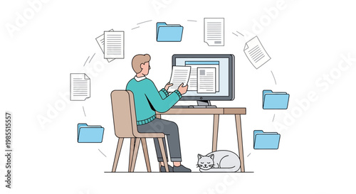 Flat design man working on computer with files, office workflow vector illustration, business productivity concept, modern workspace