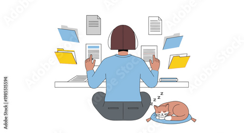 Remote worker, multitasking with devices, cat, office tasks, digital workflow, vector illustration