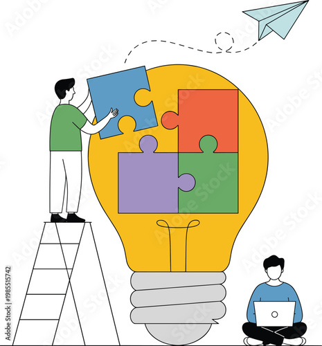 Creative idea concept with puzzle pieces inside light bulb, teamwork innovation vector illustration design