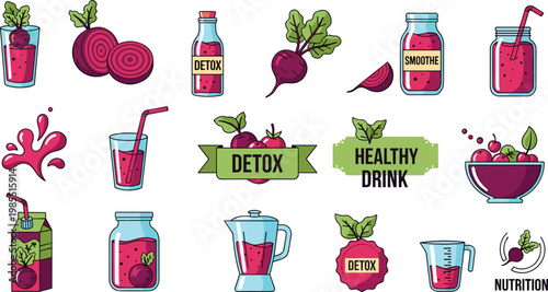Detox and Healthy Drink Vector Set with Beets, Smoothies, Juices, and Nutrition Icons