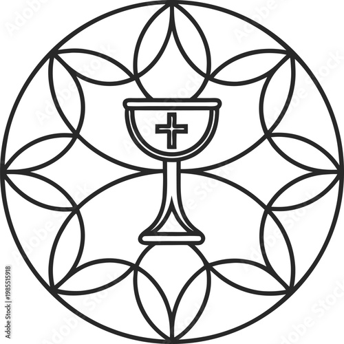 Outline Drawing of a Holy Chalice and Cross Centered within an Intricate Geometric Circle Pattern