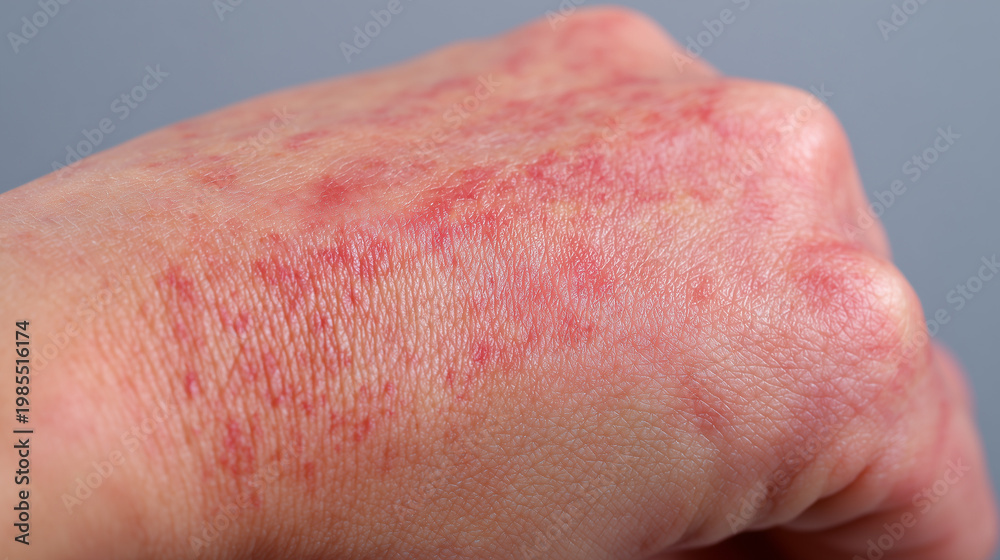 Fototapeta premium Close-up of red irritated skin rash on human hand showing allergy or dermatitis symptoms ideal for medical education and healthcare awareness materials 