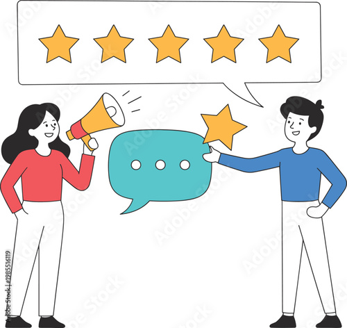 Customer feedback concept with people giving five star rating, review and satisfaction vector illustration design