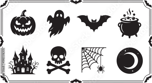 Halloween icons, spooky symbols, black vector graphics, 8 elements