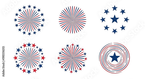 Patriotic starburst fireworks icons for Independence Day, USA flag colors