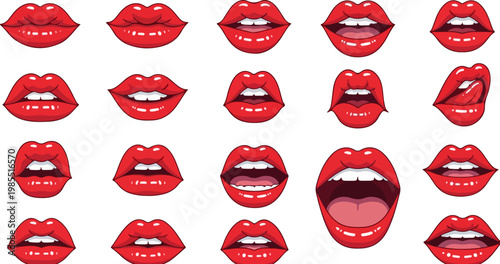 Red lips vector set, collection of 19 female mouth expressions with glossy lipstick, sexy pop art style lips showing teeth and tongue