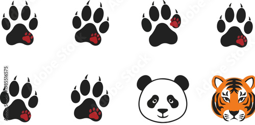 Animal paw prints and wildlife heads vector set, black bear tracks with red accents, panda and tiger face illustrations for nature branding