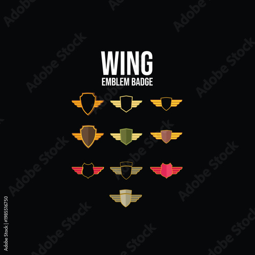 Wing emblem badge vector designs, ideal for achievement, aviation, and military insignia graphics, showcasing diverse styles and concepts