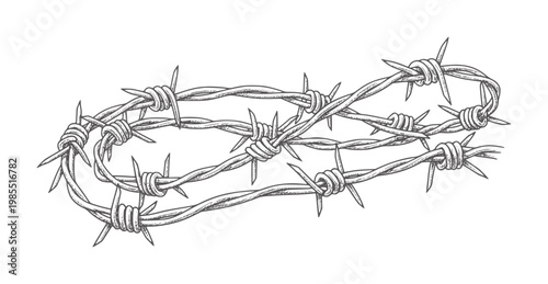 Of tangled barbed wire with sharp points