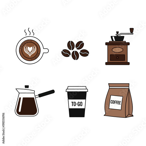 Coffee Icons Set: Cup, Beans, Grinder, Pot, To-Go Cup, Bag