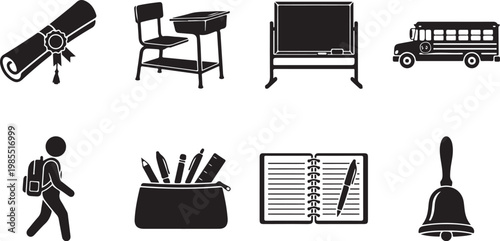 School icons, education symbols, classroom graphics, black and white illustrations, 8 elements