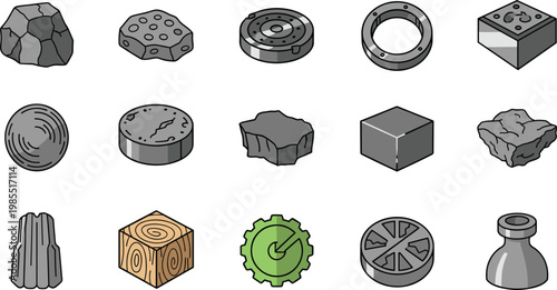 Geometric Rocks and Abstract Shapes Vector Set with Stones, Gears, and Circular Icons