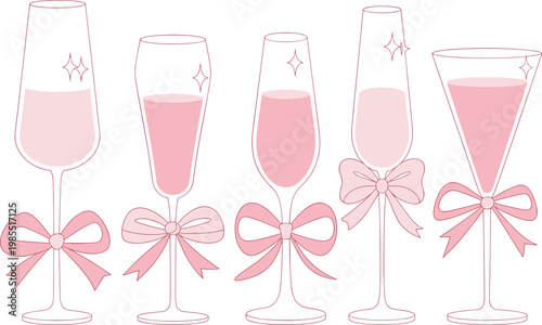Elegant champagne glasses collection with decorative bows, celebration drink icons for party vector illustration set