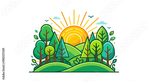 Trees on a green hill landscape.