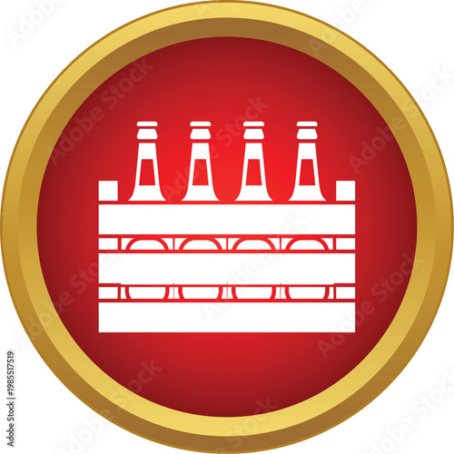 White beer bottle crate graphic appearing on a red and gold circular icon