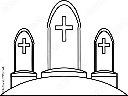 Three outline gravestones with crosses symbolize remembrance and memorial on a sacred burial ground