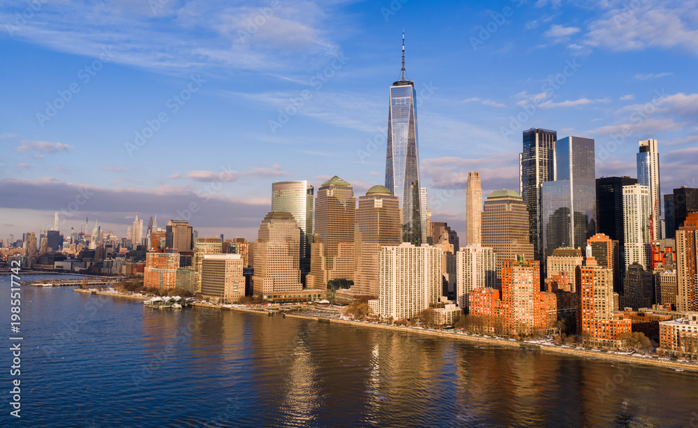Obraz premium New York downtown skyline with iconic towers. Manhattan aerial view in NYC New York City. New York City skyline panorama. Manhattan cityscape in New York City.