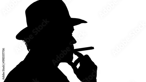 Mysterious silhouette of a man in a classic fedora hat smoking a cigar, dramatic side profile against a stark white background.