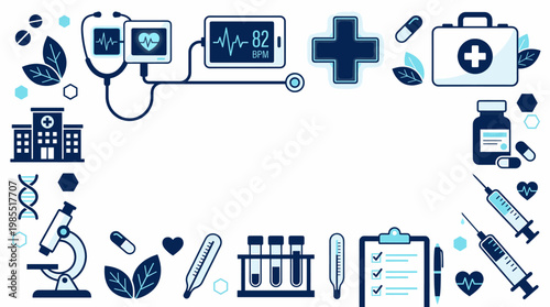 Medical Healthcare Frame Illustrating Essential Clinical Equipment and Symbols for Health Design