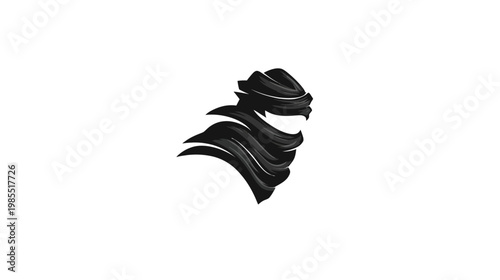 Minimalist abstract black warrior head profile icon with flowing fabric, masked face, symbolizing stealth, strength, and mystery.