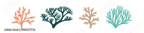 Colorful coral template design silhouette vector. Underwater ocean coral, plants, leaves, algae and branches. Save the water. 