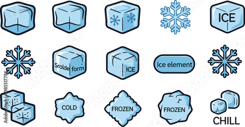Ice and Snowflake Vector Set with Frozen Elements, Ice Cubes, and Chill Icons