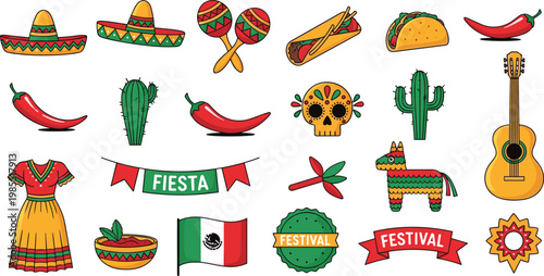 Mexican Fiesta Elements Vector Set Featuring Sombrero Taco Maracas Cactus Guitar and Festival Icons