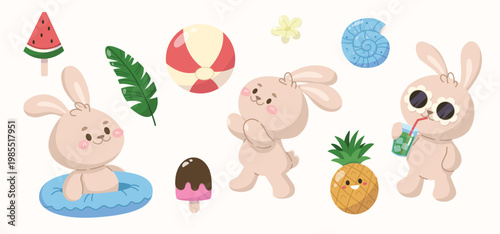 Resting bunnies on vacation. Beach accessories and items. Summer relaxation in the tropics for hares