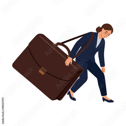 Businesswoman struggles to carry large briefcase while walking quickly indoors
