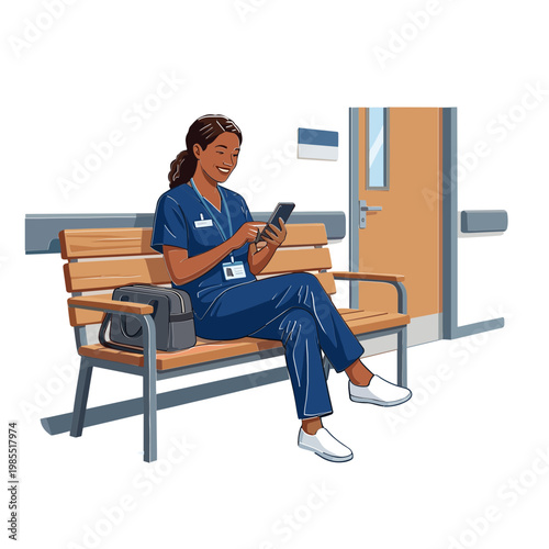 A woman in blue scrubs sits on a bench looking at her phone outside a door.