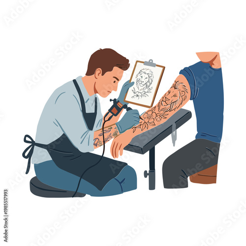 Tattoo artist creates design on client's arm with machine and stencil