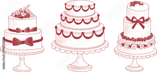 Elegant wedding cakes collection with decorative frosting and stands, celebration dessert vector illustration set