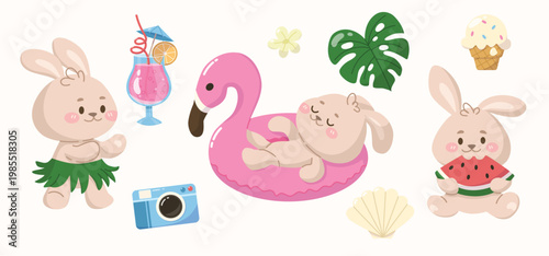 Beach holiday with rabbit characters. Hares summer vacation by the ocean. Bunny characters resting and relaxing